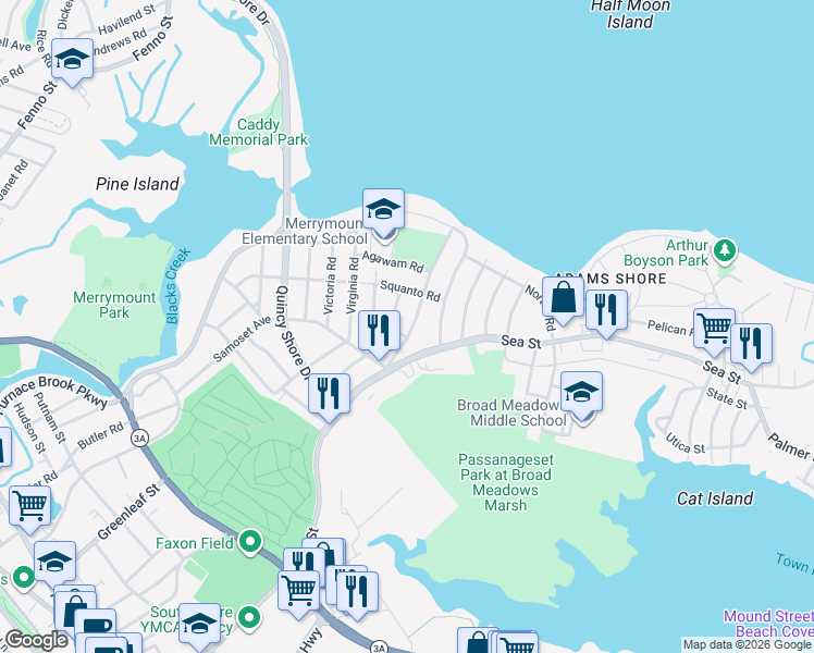 map of restaurants, bars, coffee shops, grocery stores, and more near 93 Narragansett Road in Quincy
