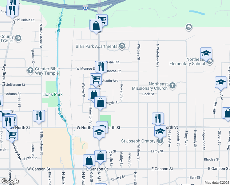 map of restaurants, bars, coffee shops, grocery stores, and more near 1123 Scott Street in Jackson