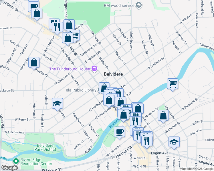 map of restaurants, bars, coffee shops, grocery stores, and more near 402 Van Buren Street in Belvidere