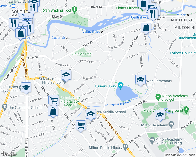 map of restaurants, bars, coffee shops, grocery stores, and more near 179 Hinckley Road in Milton