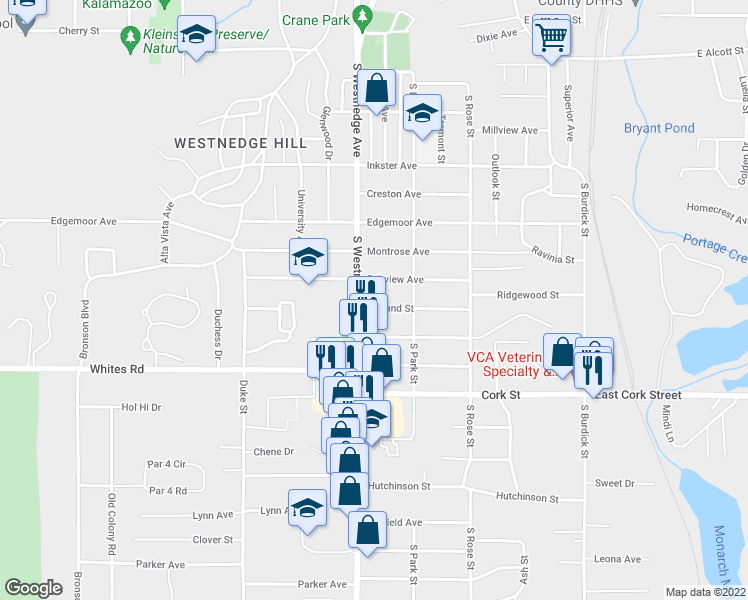 map of restaurants, bars, coffee shops, grocery stores, and more near 444 Garland Street in Kalamazoo