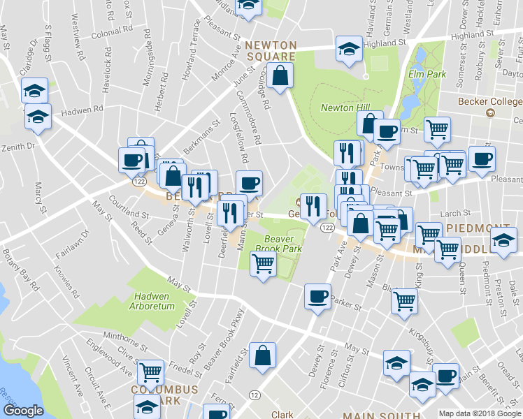 map of restaurants, bars, coffee shops, grocery stores, and more near 4 Coolidge Road in Worcester