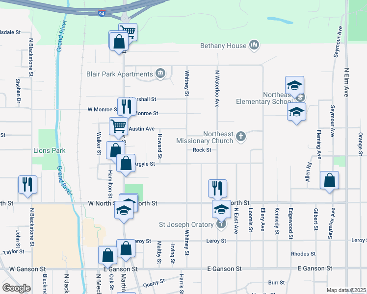 map of restaurants, bars, coffee shops, grocery stores, and more near 1004 Whitney Street in Jackson