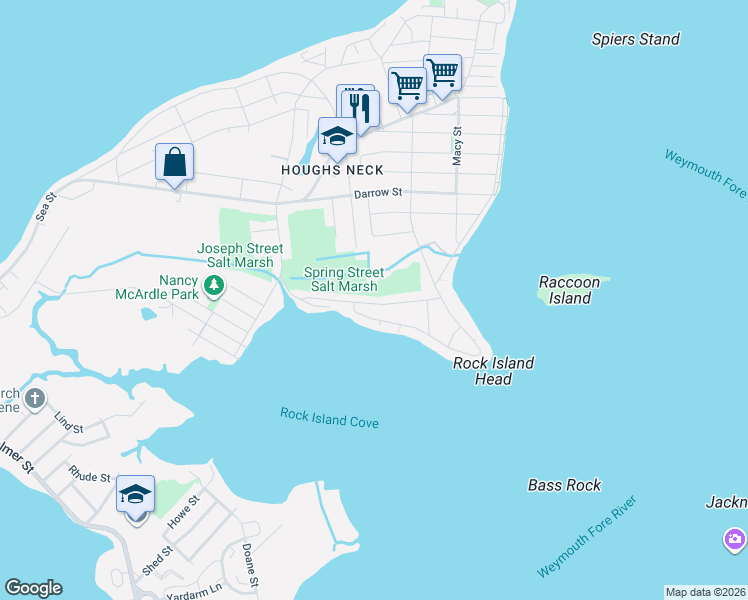 map of restaurants, bars, coffee shops, grocery stores, and more near 106 Spring Street in Quincy
