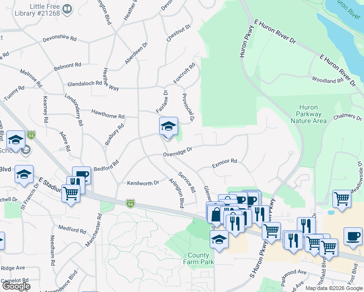 map of restaurants, bars, coffee shops, grocery stores, and more near 2855 Overridge Drive in Ann Arbor