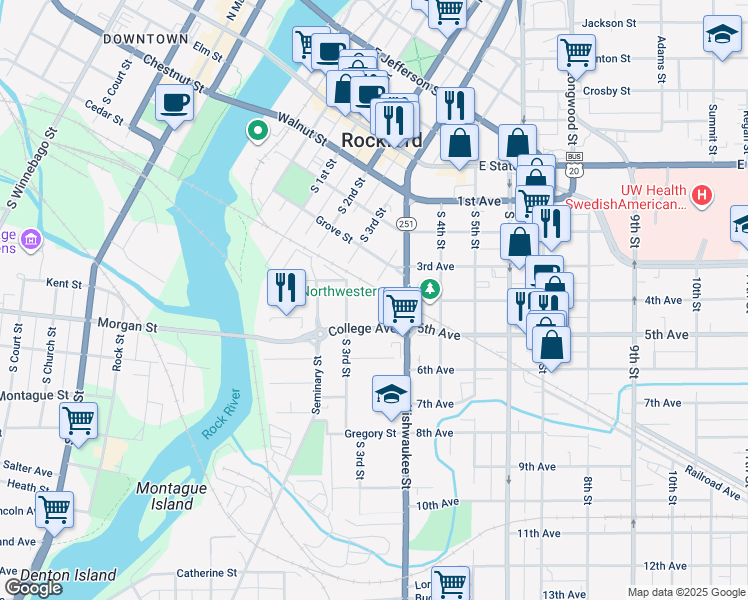 map of restaurants, bars, coffee shops, grocery stores, and more near 533 Division Street in Rockford