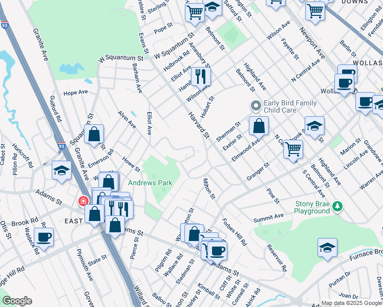 map of restaurants, bars, coffee shops, grocery stores, and more near 30 Elmwood Park in Quincy