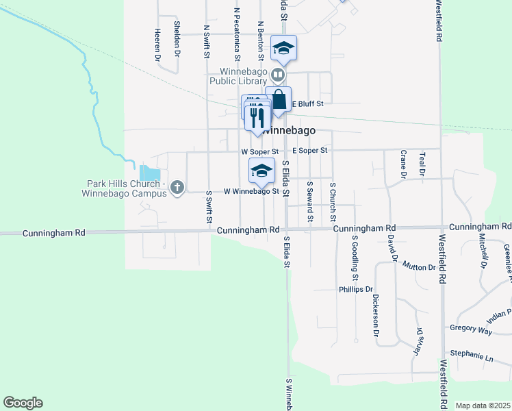 map of restaurants, bars, coffee shops, grocery stores, and more near 309 South Benton Street in Winnebago
