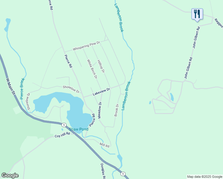 map of restaurants, bars, coffee shops, grocery stores, and more near 49 Lakeview Drive in West Brookfield