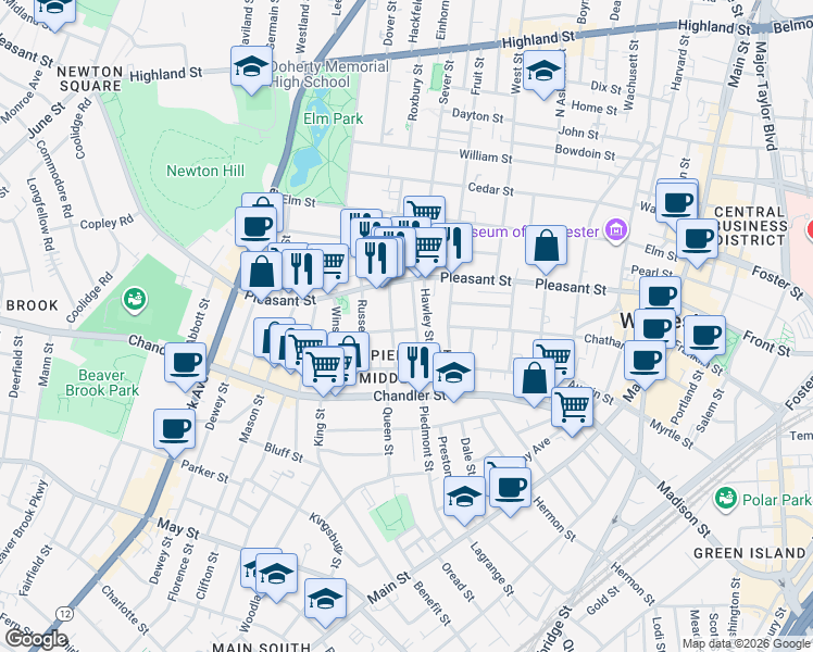 map of restaurants, bars, coffee shops, grocery stores, and more near 2 Larch Street in Worcester