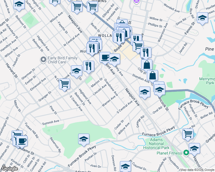 map of restaurants, bars, coffee shops, grocery stores, and more near 87 Grandview Avenue in Quincy