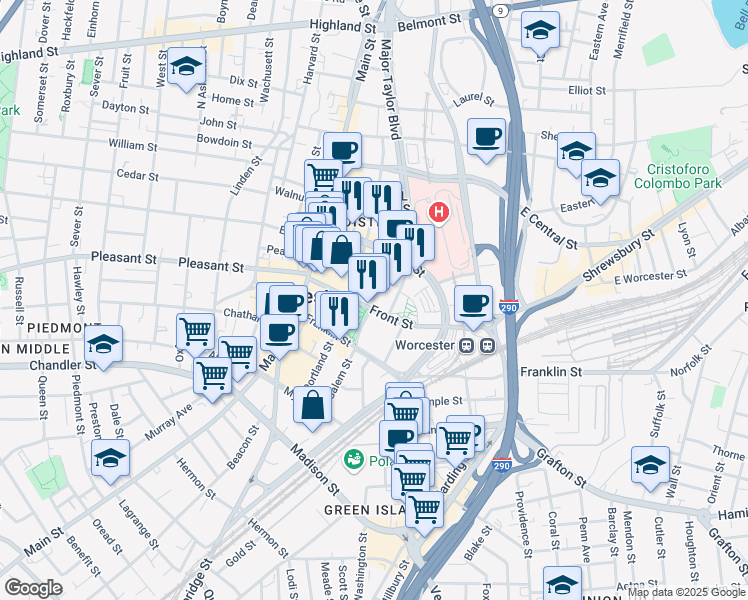 map of restaurants, bars, coffee shops, grocery stores, and more near 6 Mercantile Street in Worcester