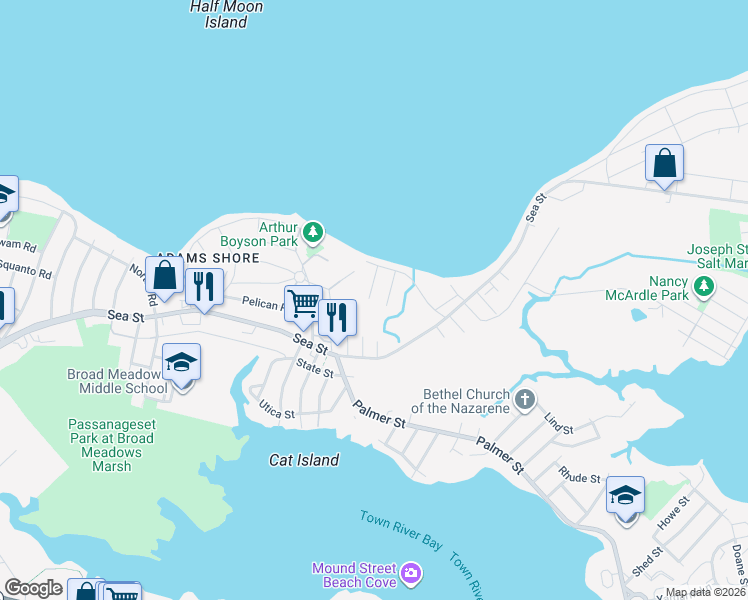 map of restaurants, bars, coffee shops, grocery stores, and more near 30 Elcott Road in Quincy