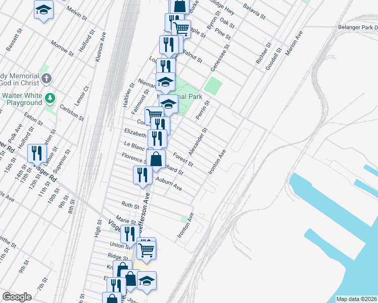 map of restaurants, bars, coffee shops, grocery stores, and more near 50 Hill Street in River Rouge