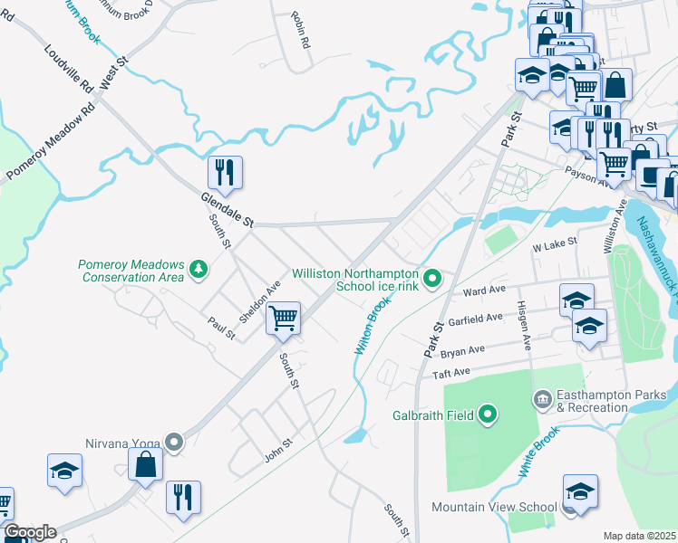 map of restaurants, bars, coffee shops, grocery stores, and more near 281 Main Street in Easthampton