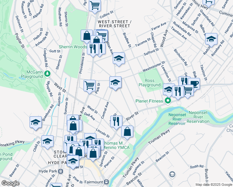 map of restaurants, bars, coffee shops, grocery stores, and more near 655 Metropolitan Avenue in Boston