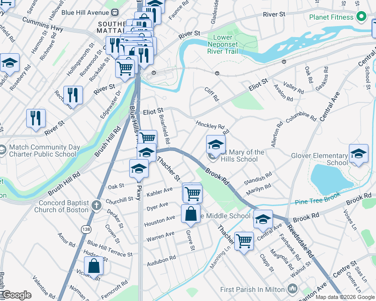 map of restaurants, bars, coffee shops, grocery stores, and more near in Milton