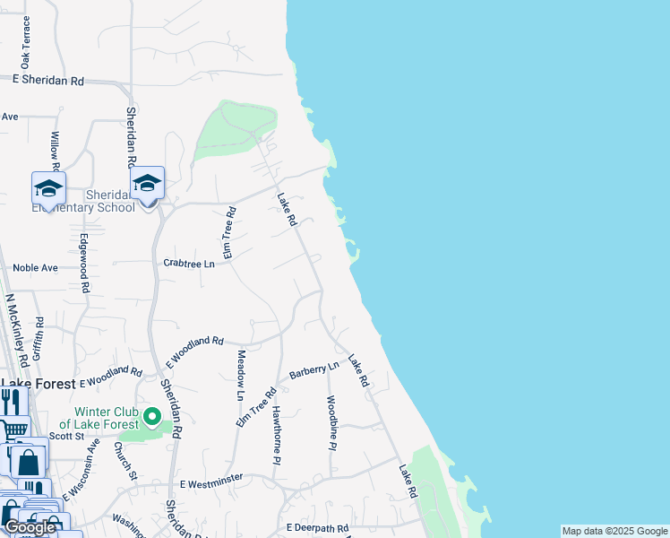 map of restaurants, bars, coffee shops, grocery stores, and more near 1315 Lake Road in Lake Forest