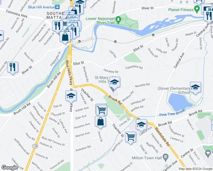 map of restaurants, bars, coffee shops, grocery stores, and more near 20 Ridge Road in Milton