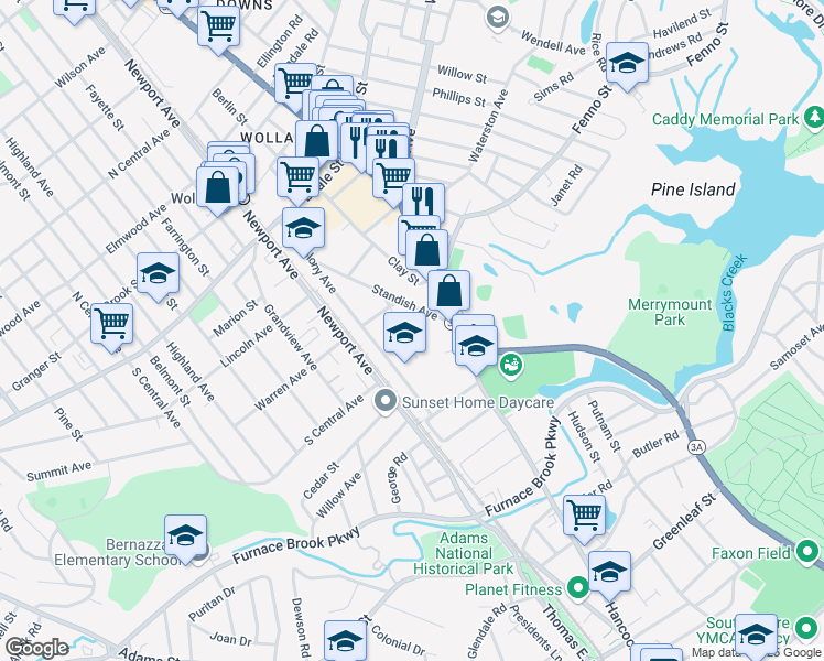 map of restaurants, bars, coffee shops, grocery stores, and more near 29 Newton Avenue in Quincy