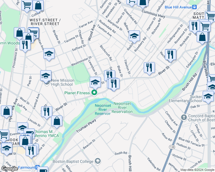 map of restaurants, bars, coffee shops, grocery stores, and more near 869-871 River Street in Boston