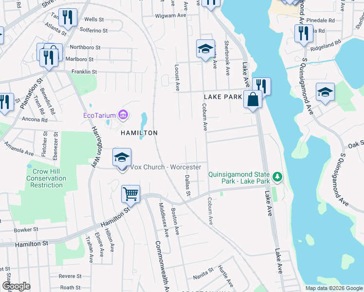map of restaurants, bars, coffee shops, grocery stores, and more near 40 Dallas Street in Worcester