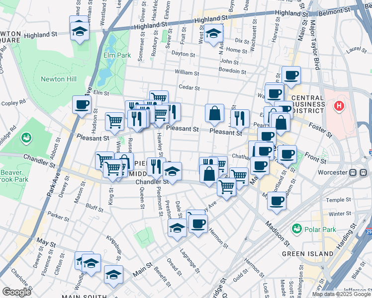 map of restaurants, bars, coffee shops, grocery stores, and more near 77 Chatham Street in Worcester