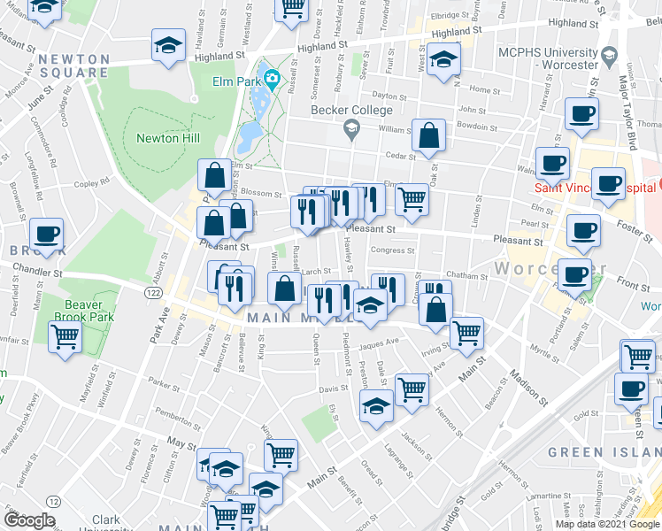 map of restaurants, bars, coffee shops, grocery stores, and more near in Worcester
