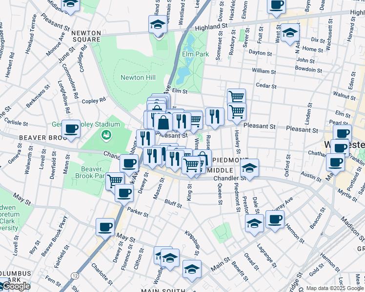 map of restaurants, bars, coffee shops, grocery stores, and more near 24 Bellevue Street in Worcester