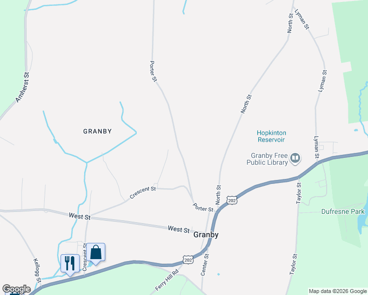 map of restaurants, bars, coffee shops, grocery stores, and more near 133-141 Porter Street in Granby