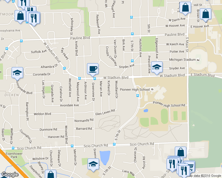 map of restaurants, bars, coffee shops, grocery stores, and more near 1499 Kirtland Drive in Ann Arbor