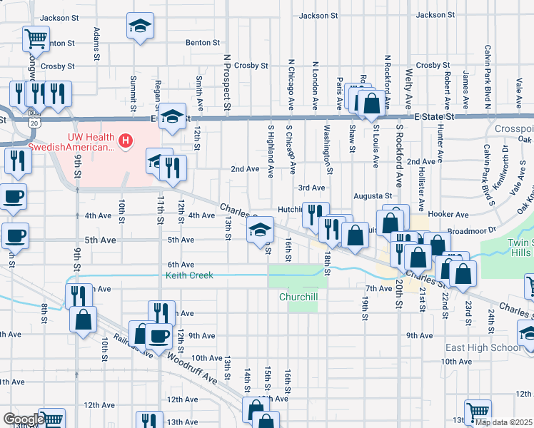 map of restaurants, bars, coffee shops, grocery stores, and more near 1822 Charles Street in Rockford