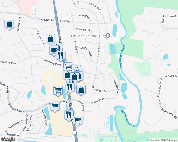 map of restaurants, bars, coffee shops, grocery stores, and more near 1225 Gulfstream Parkway in Libertyville