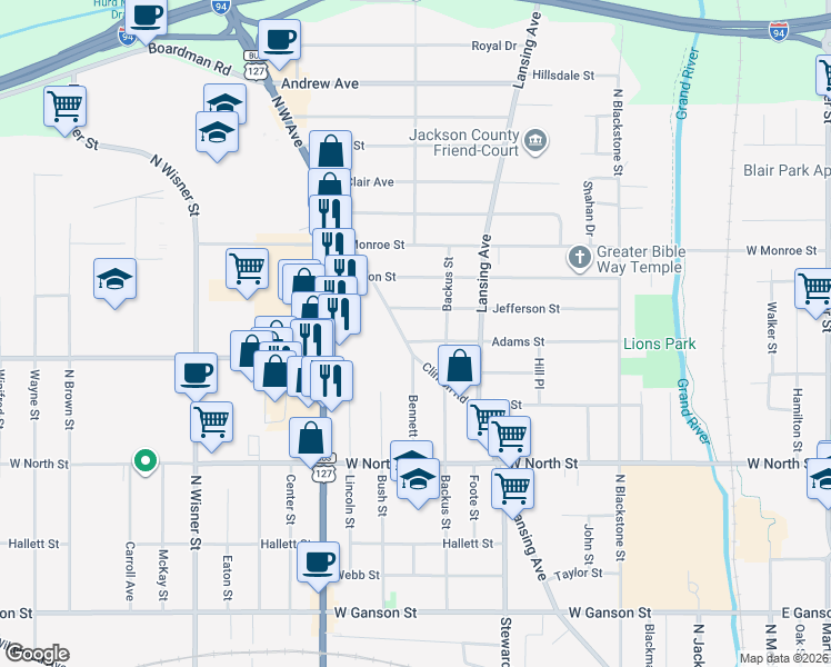 map of restaurants, bars, coffee shops, grocery stores, and more near 616 Adams Street in Jackson