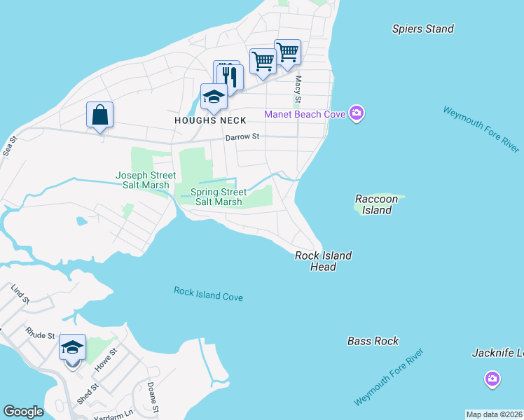 map of restaurants, bars, coffee shops, grocery stores, and more near 138 Spring Street in Quincy