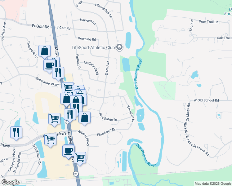 map of restaurants, bars, coffee shops, grocery stores, and more near 1213 Chatham Court in Libertyville