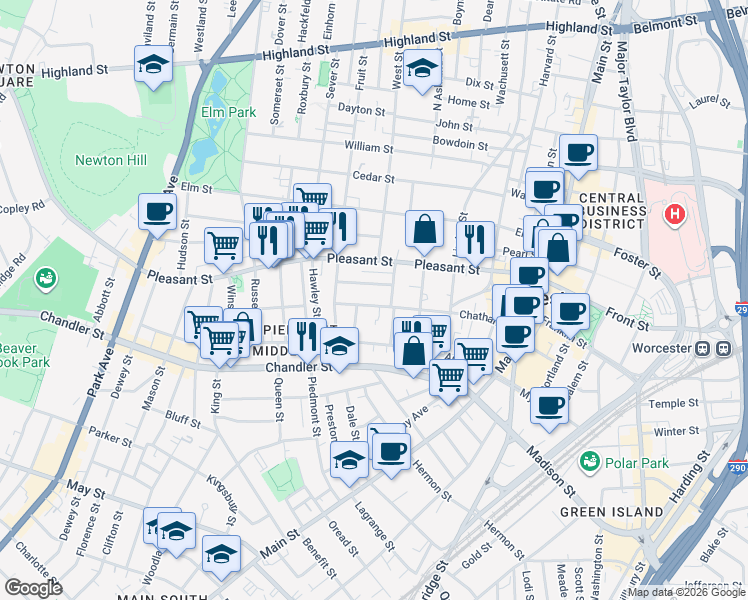 map of restaurants, bars, coffee shops, grocery stores, and more near 80 Chatham Street in Worcester