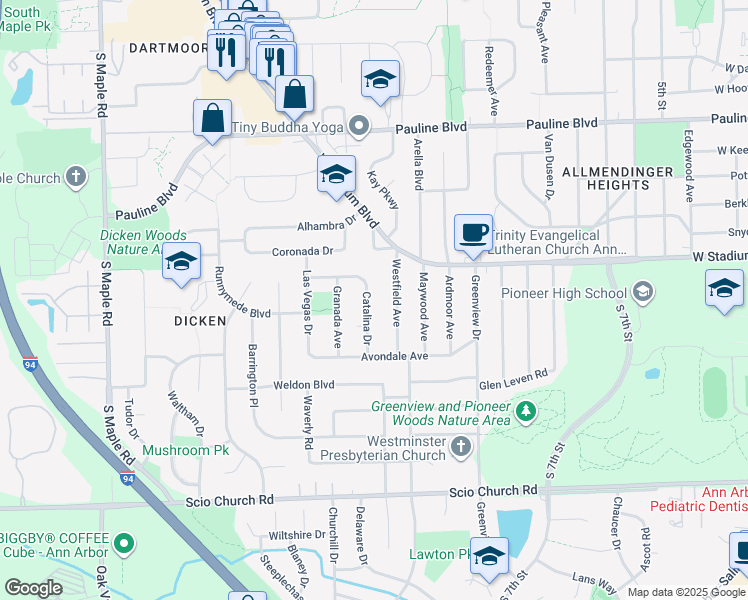 map of restaurants, bars, coffee shops, grocery stores, and more near 1447 Catalina Drive in Ann Arbor