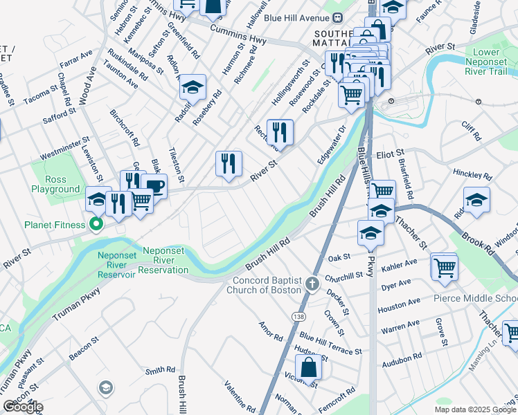 map of restaurants, bars, coffee shops, grocery stores, and more near 30 Massasoit Street in Boston