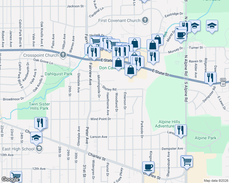 map of restaurants, bars, coffee shops, grocery stores, and more near 408 Woodland Drive in Rockford