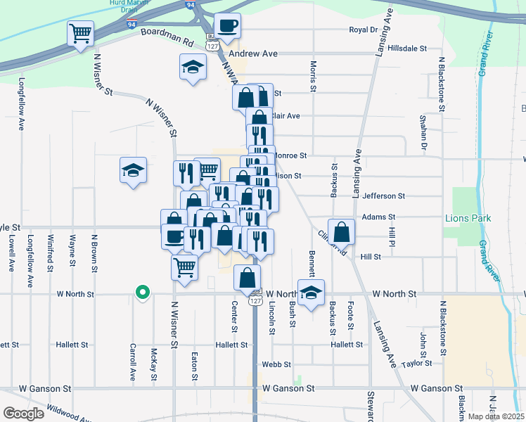 map of restaurants, bars, coffee shops, grocery stores, and more near 1023 North West Avenue in Jackson