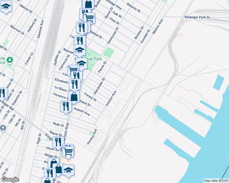 map of restaurants, bars, coffee shops, grocery stores, and more near 95 Stoner Street in River Rouge