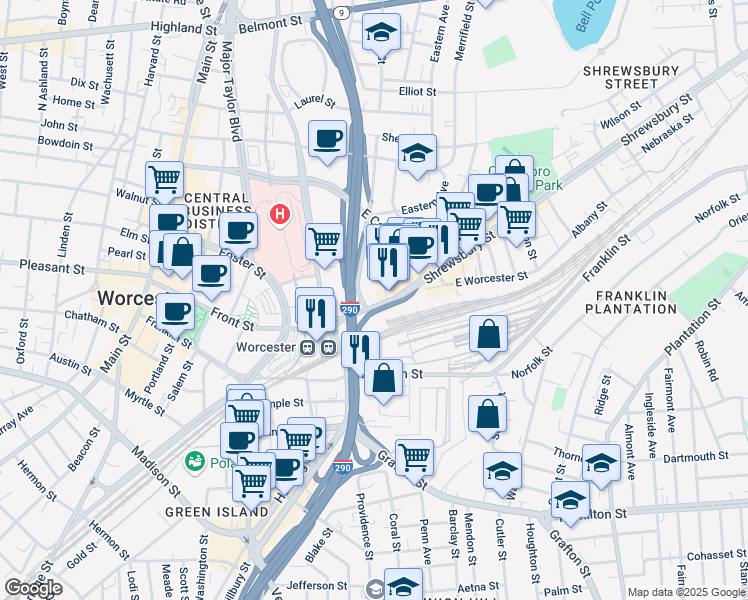 map of restaurants, bars, coffee shops, grocery stores, and more near 33 Shrewsbury Street in Worcester