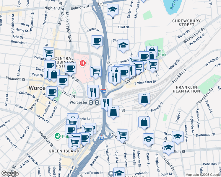 map of restaurants, bars, coffee shops, grocery stores, and more near 50 Shrewsbury Street in Worcester