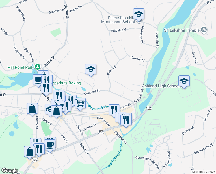 map of restaurants, bars, coffee shops, grocery stores, and more near 140-142 Concord Street in Ashland