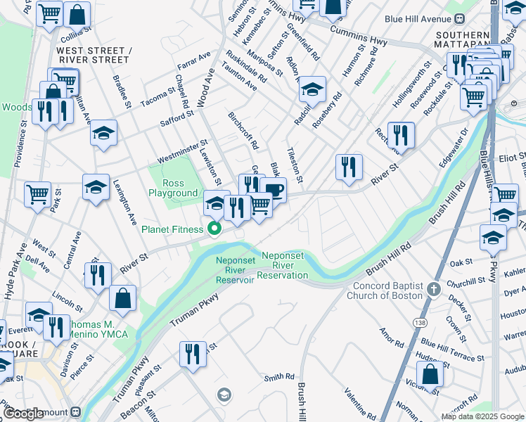 map of restaurants, bars, coffee shops, grocery stores, and more near 860 River Street in Boston