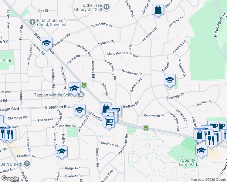 map of restaurants, bars, coffee shops, grocery stores, and more near 2516 Londonderry Road in Ann Arbor
