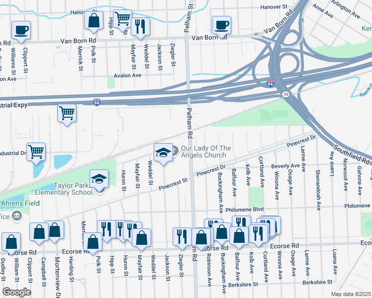 map of restaurants, bars, coffee shops, grocery stores, and more near 6390 Pelham Road in Taylor