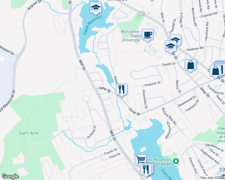 map of restaurants, bars, coffee shops, grocery stores, and more near 383 June Street in Worcester