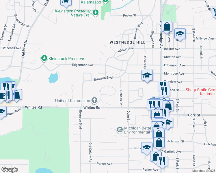map of restaurants, bars, coffee shops, grocery stores, and more near 1011 Essex Circle in Kalamazoo